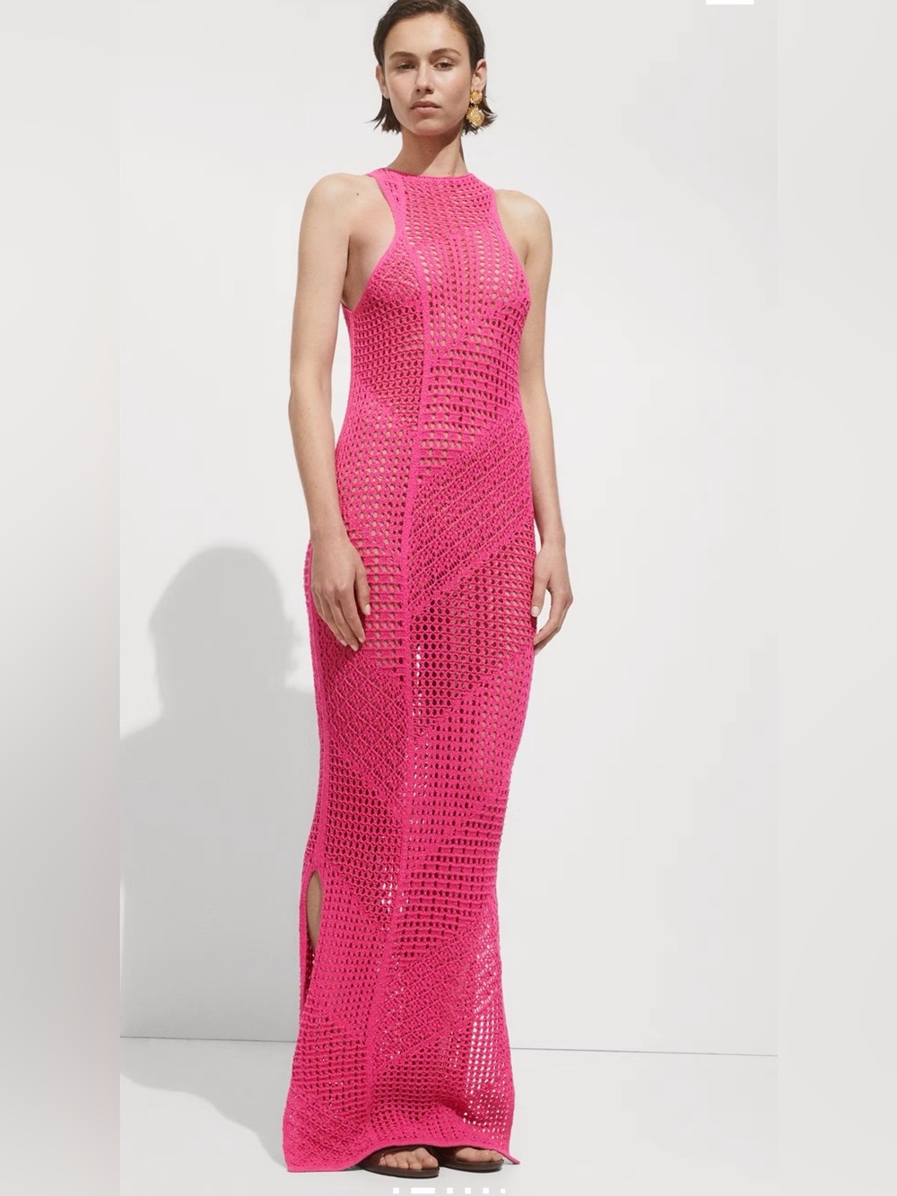 Mango MNG Pink Crochet Knit Maxi Dress Sleeveless Beach Cover Up Size M NWOT